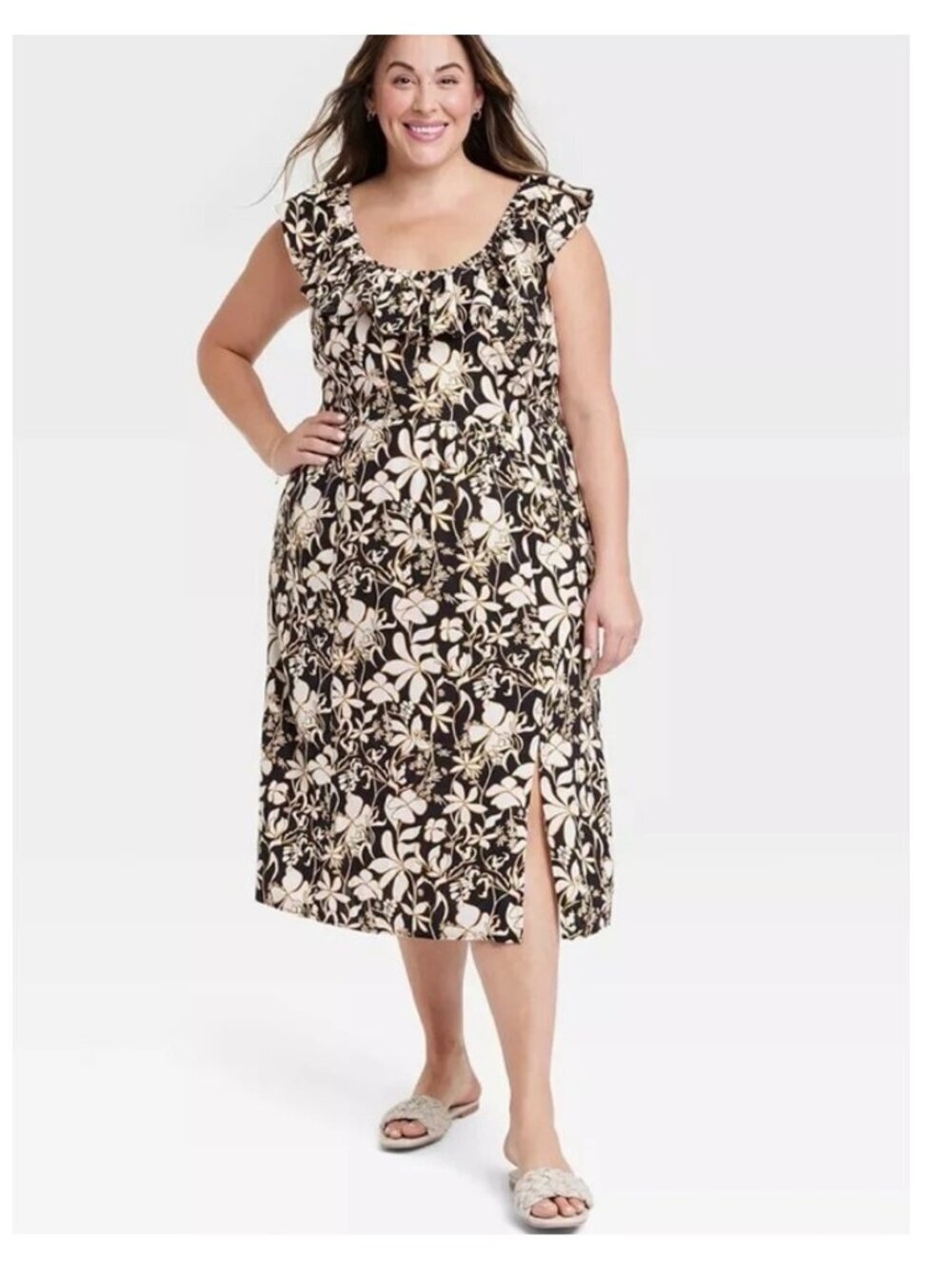 Ava & Viv Womens Plus Size 2X Ruffle Maxi Empire Waist Dress Black Floral